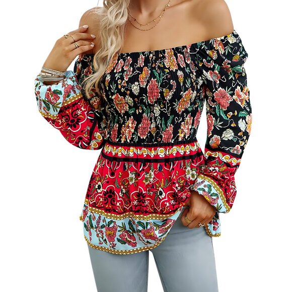 Floral Print Sq Neck Shoulder Blouse On Or Off Shoulder S-XL Black, Red, Aqua - Picture 2 of 2